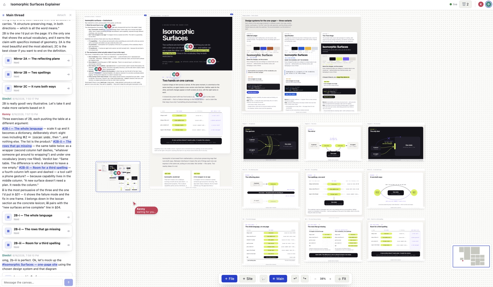 An isocan canvas: the main thread docked at the left carrying the conversation that produced this page, the drafts and diagram variants spread across the canvas, and an agent's cursor parked mid-canvas, labelled 'Kenny — waiting for you…'